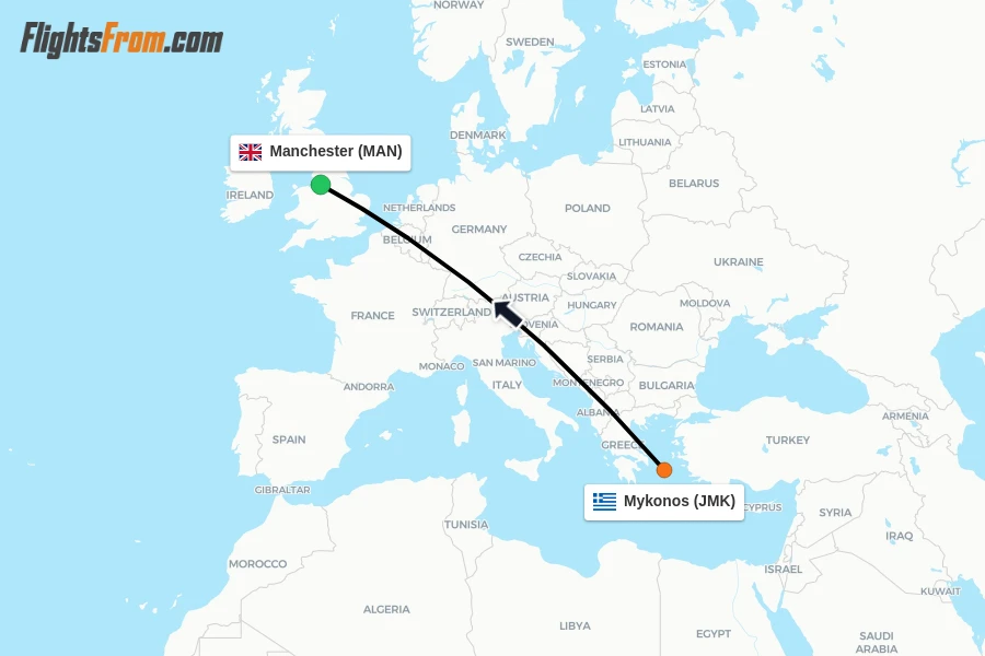 Flights from Mykonos to Manchester route map