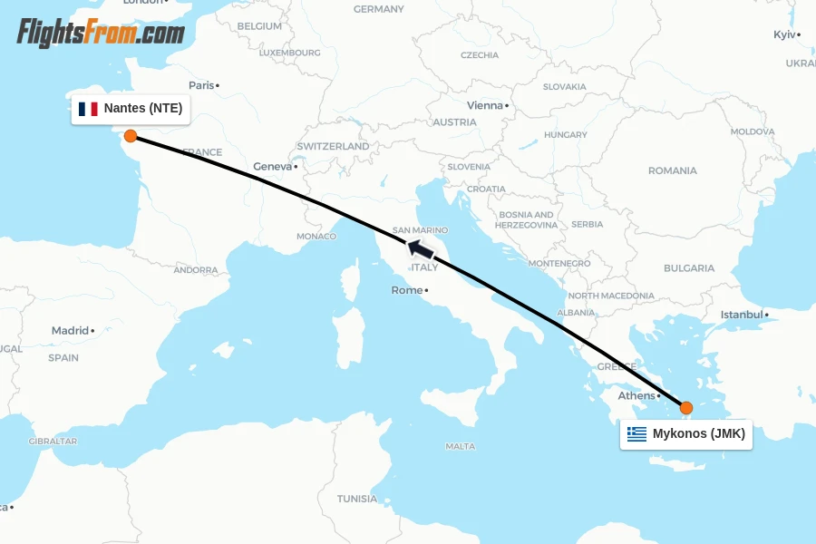 Flights from Mykonos to Nantes route map
