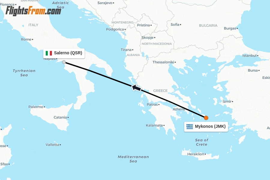 Flights from Mykonos to Salerno route map