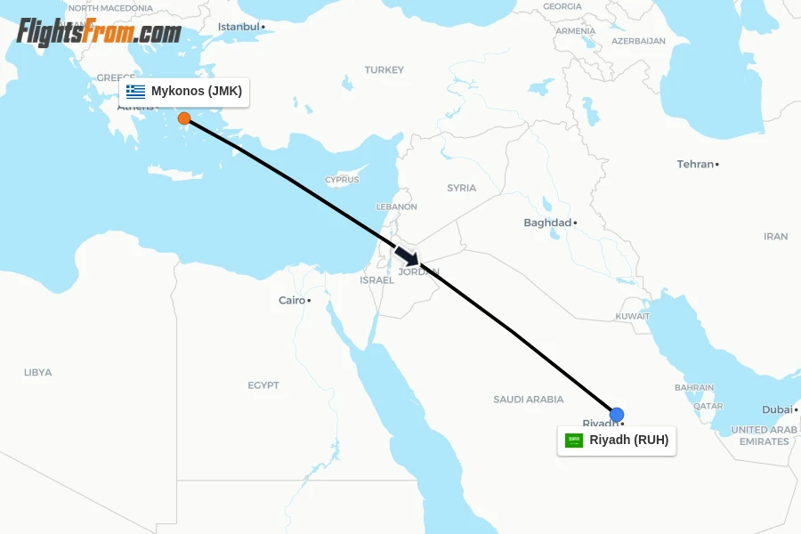 Flights from Mykonos to Riyadh route map