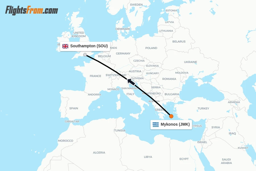 Flights from Mykonos to Southampton route map