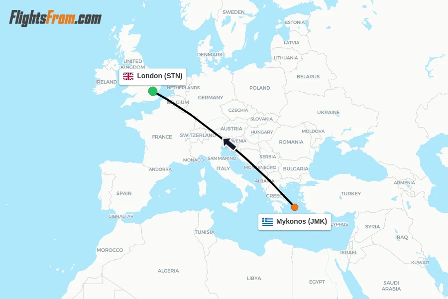 Flights from Mykonos to London route map