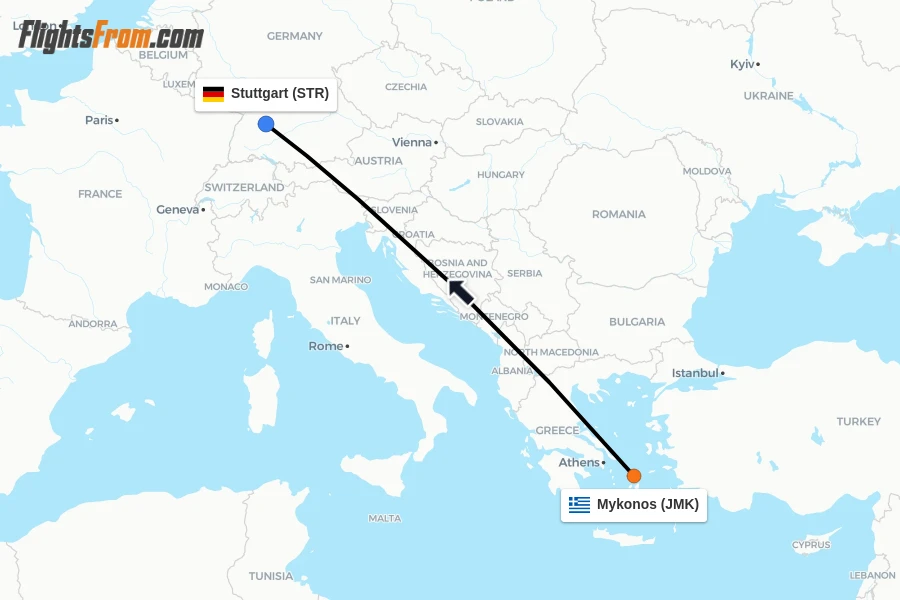 Flights from Mykonos to Stuttgart route map