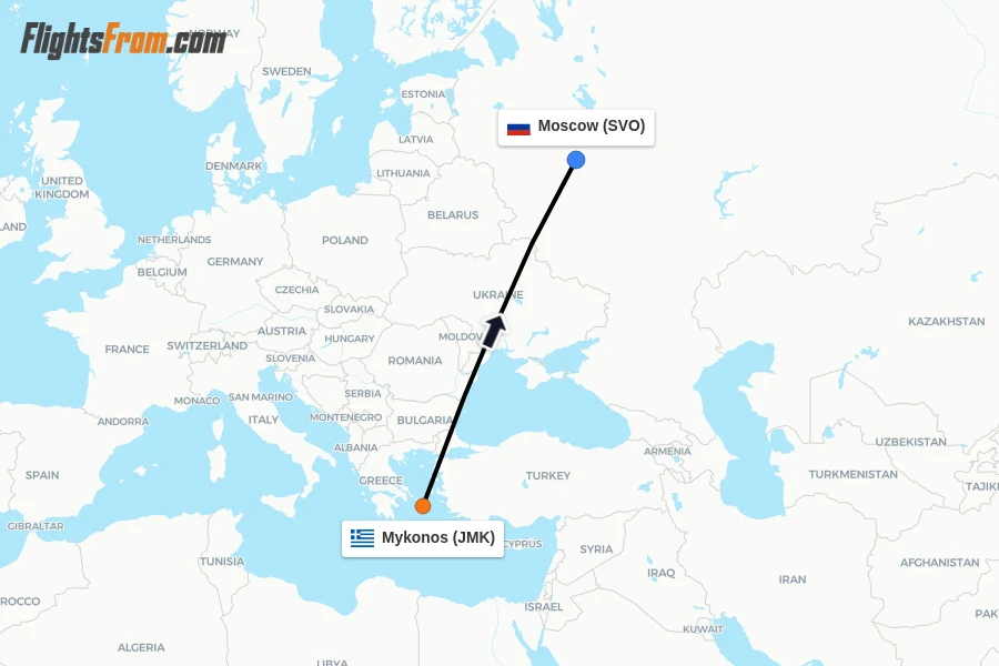 Flights from Mykonos to Moscow route map