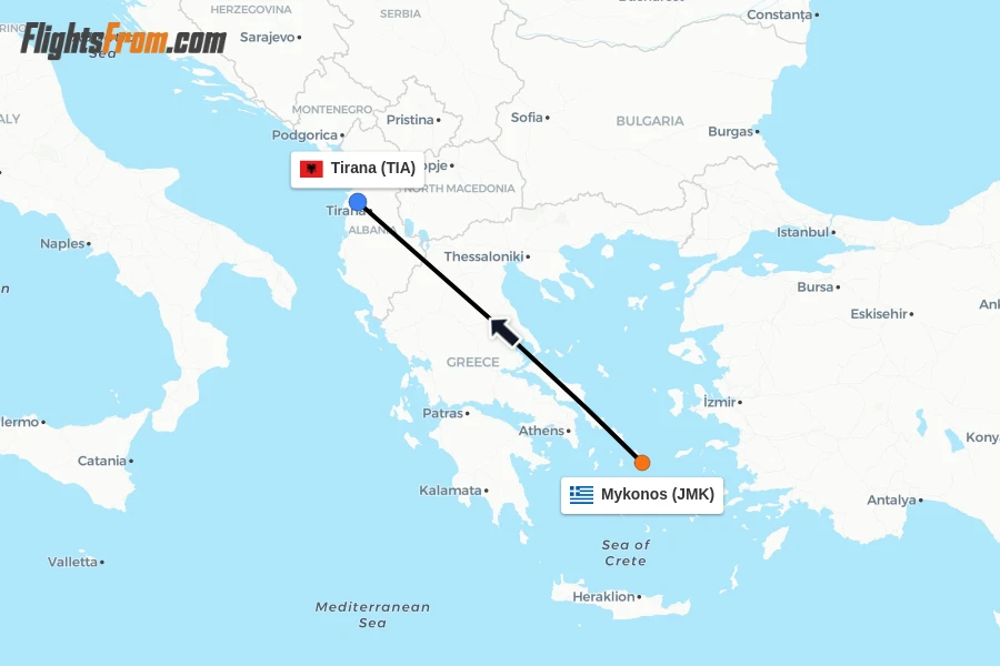 Flights from Mykonos to Tirana route map