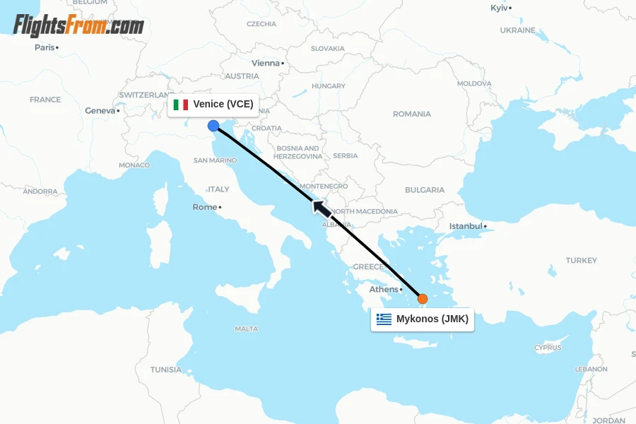 Flights from Mykonos to Venice route map