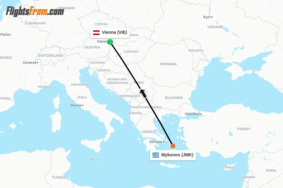 Flights from Mykonos to Vienna route map