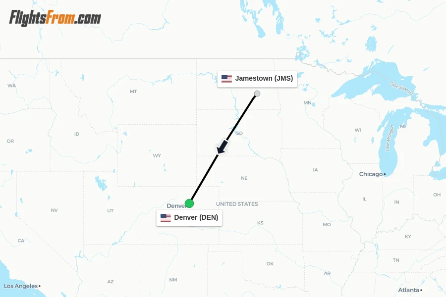 Flights from Jamestown to Denver route map