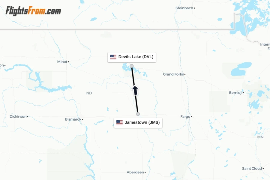 Flights from Jamestown to Devils Lake route map