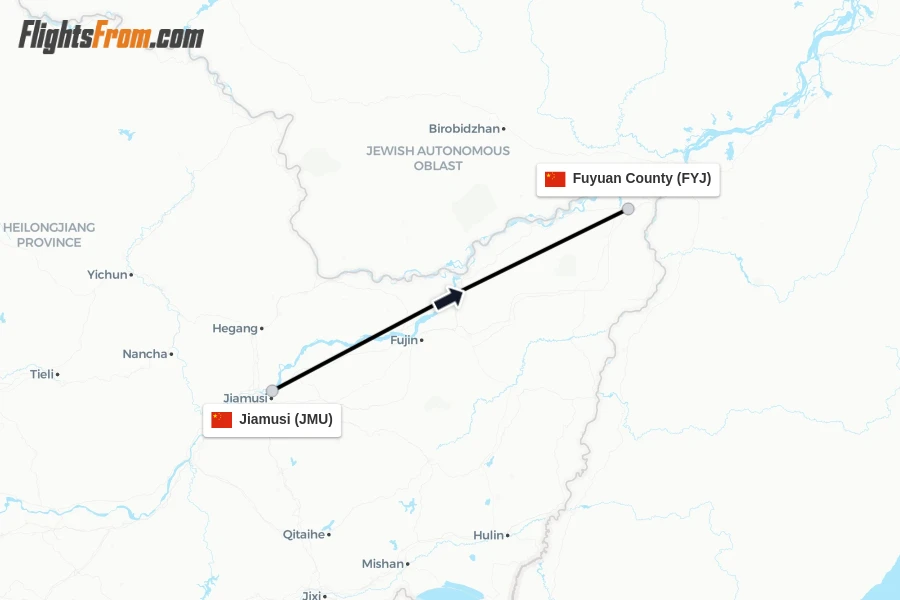 Flights from Jiamusi to Fuyuan County route map