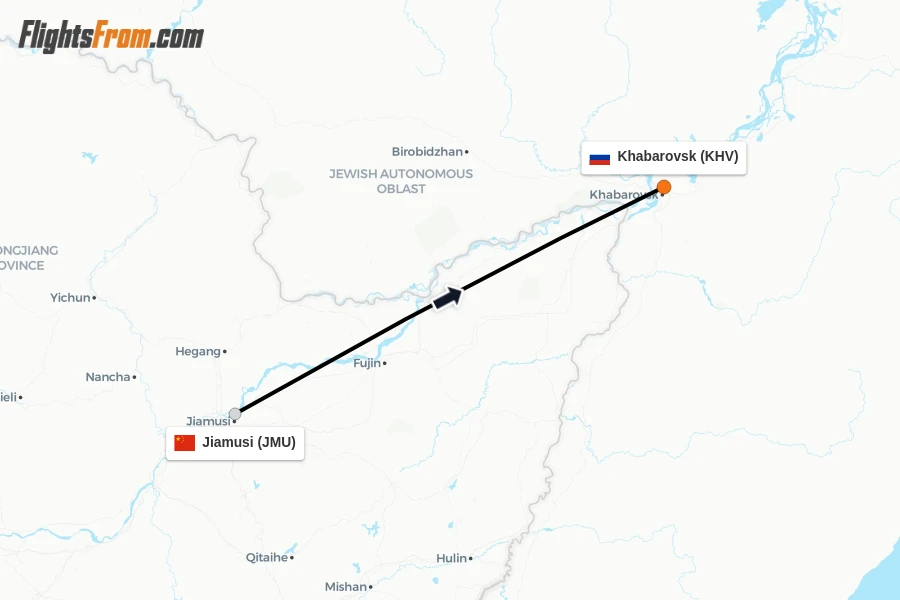 Flights from Jiamusi to Khabarovsk route map