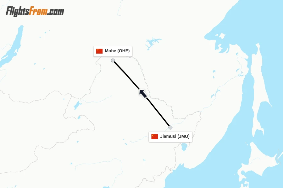 Flights from Jiamusi to Mohe route map