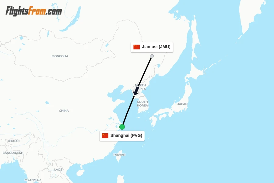 Flights from Jiamusi to Shanghai route map