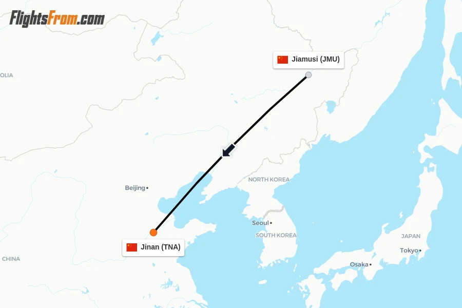 Flights from Jiamusi to Jinan route map