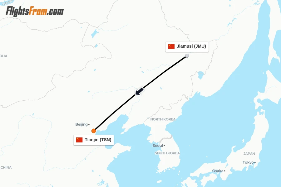 Flights from Jiamusi to Tianjin route map