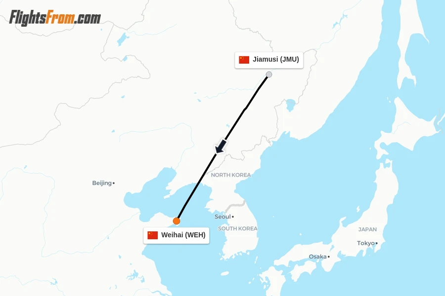 Flights from Jiamusi to Weihai route map