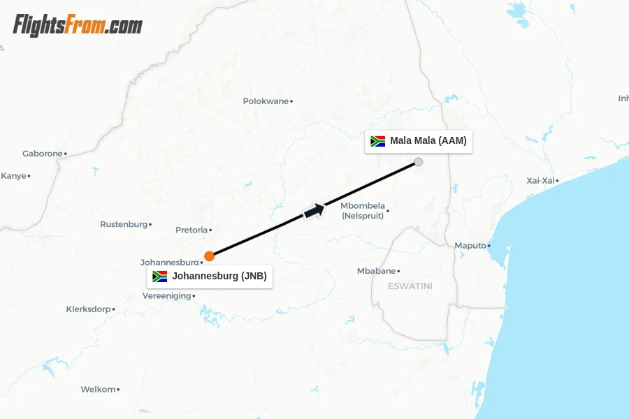 Flights from Johannesburg to Mala Mala route map