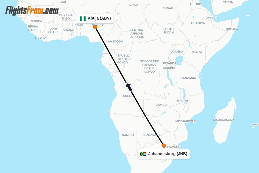 Flights from Johannesburg to Abuja route map