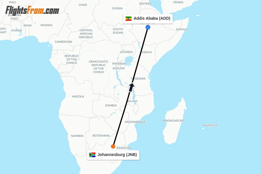 Flights from Johannesburg to Addis Ababa route map