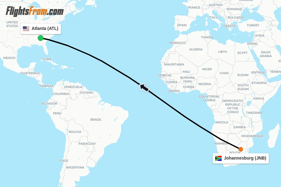 Flights from Johannesburg to Atlanta route map