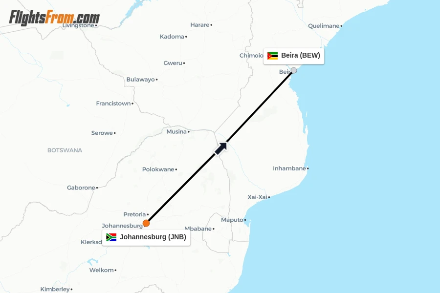 Flights from Johannesburg to Beira route map