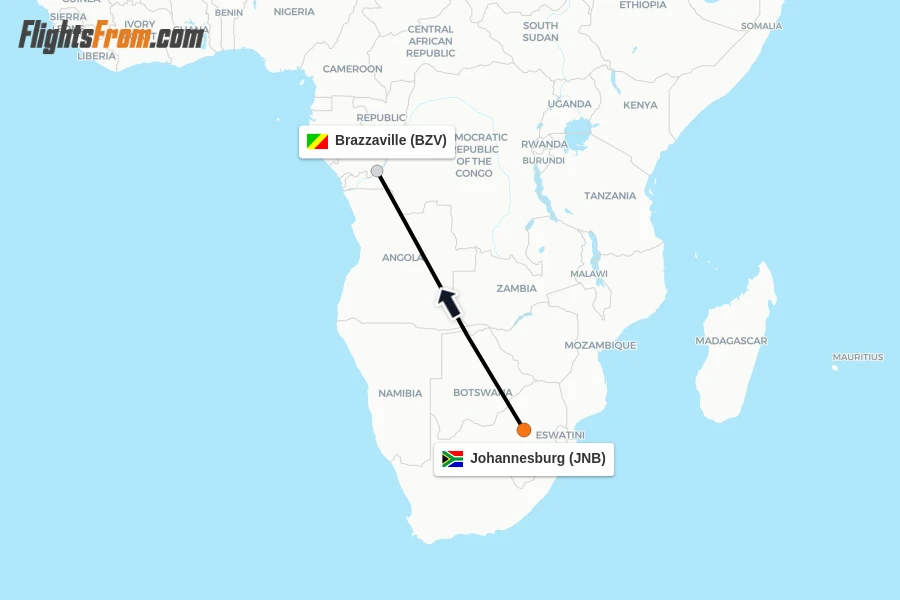 Flights from Johannesburg to Brazzaville route map