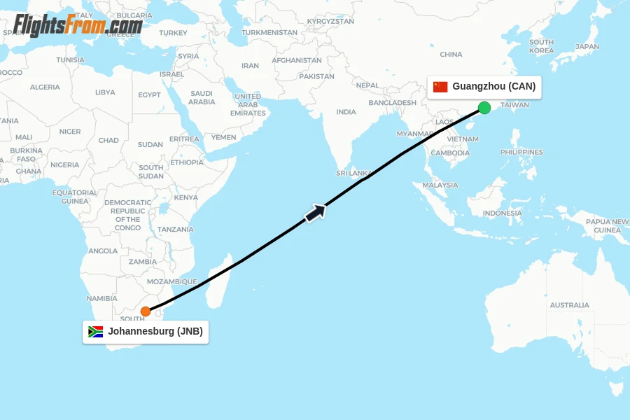 Flights from Johannesburg to Guangzhou route map