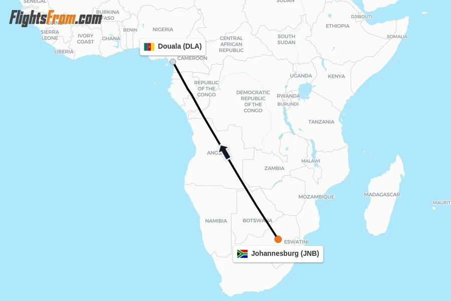 Flights from Johannesburg to Douala route map