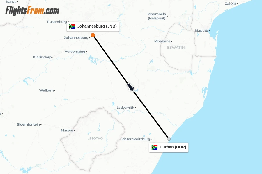 Flights from Johannesburg to Durban route map
