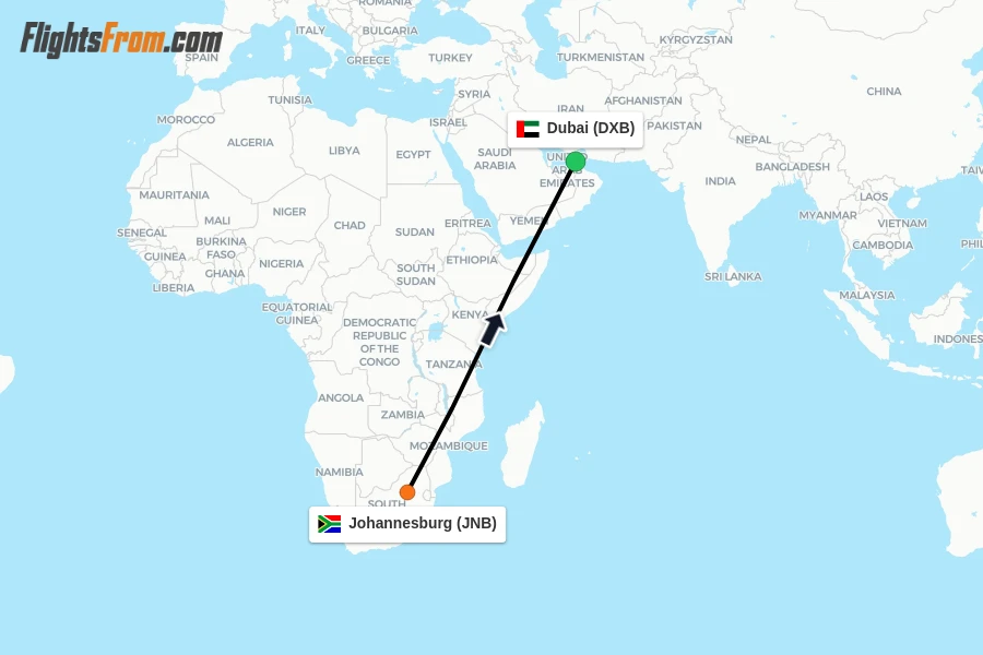 Flights from Johannesburg to Dubai route map