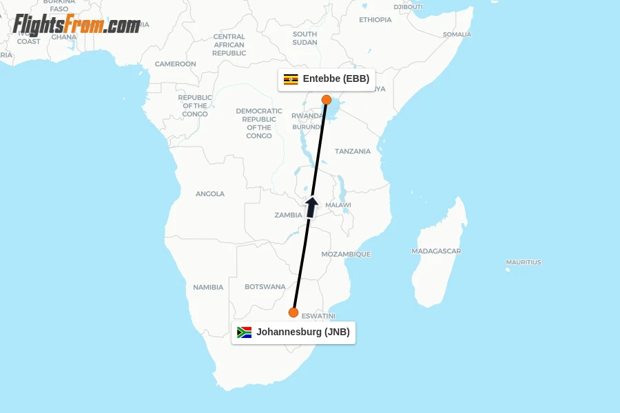 Flights from Johannesburg to Entebbe route map