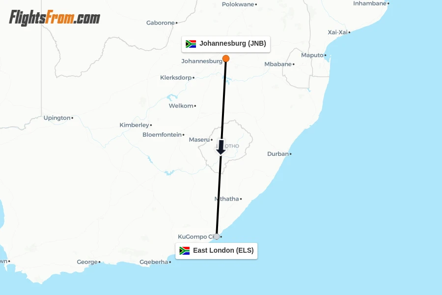 Flights from Johannesburg to East London route map