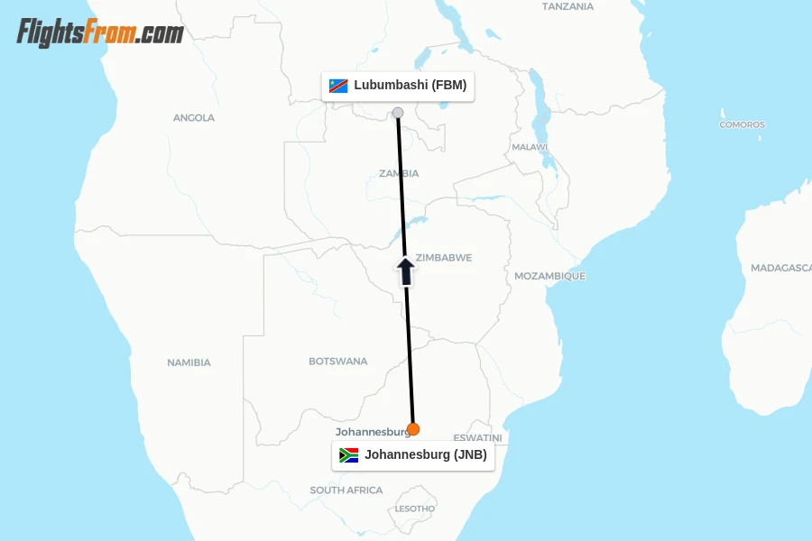 Flights from Johannesburg to Lubumbashi route map