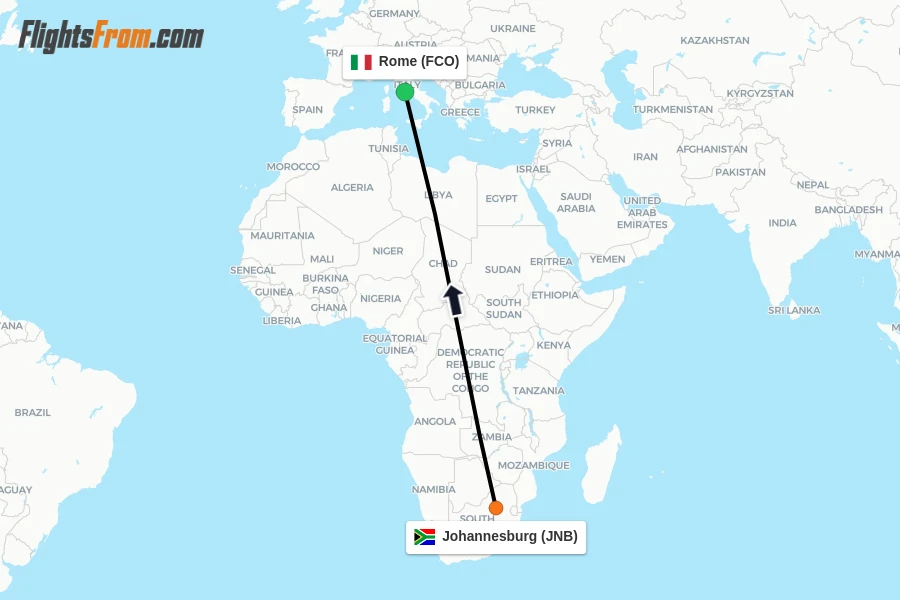 Flights from Johannesburg to Rome route map
