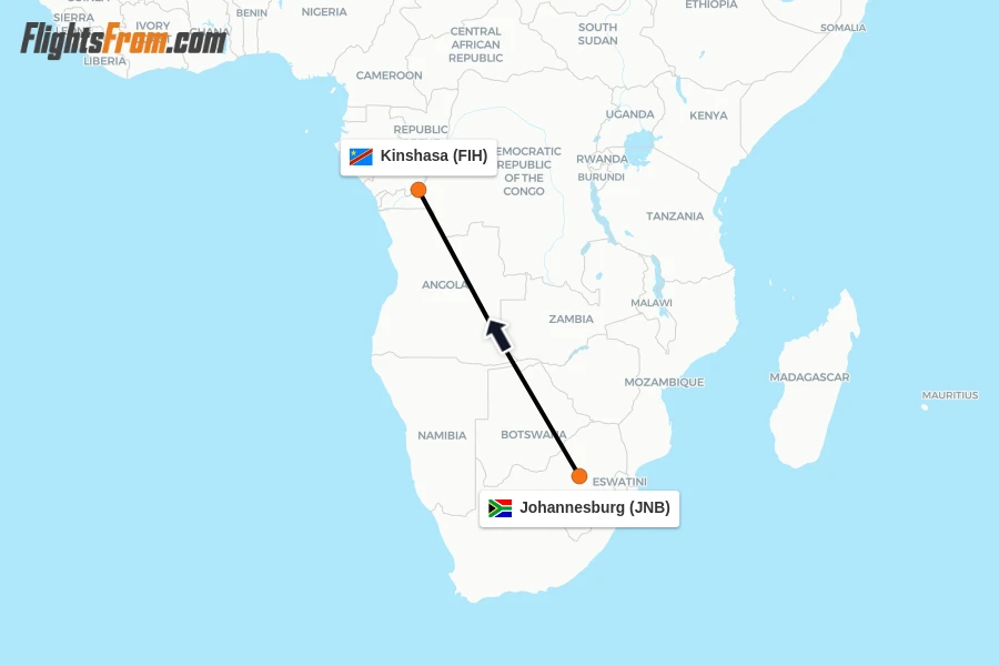 Flights from Johannesburg to Kinshasa route map