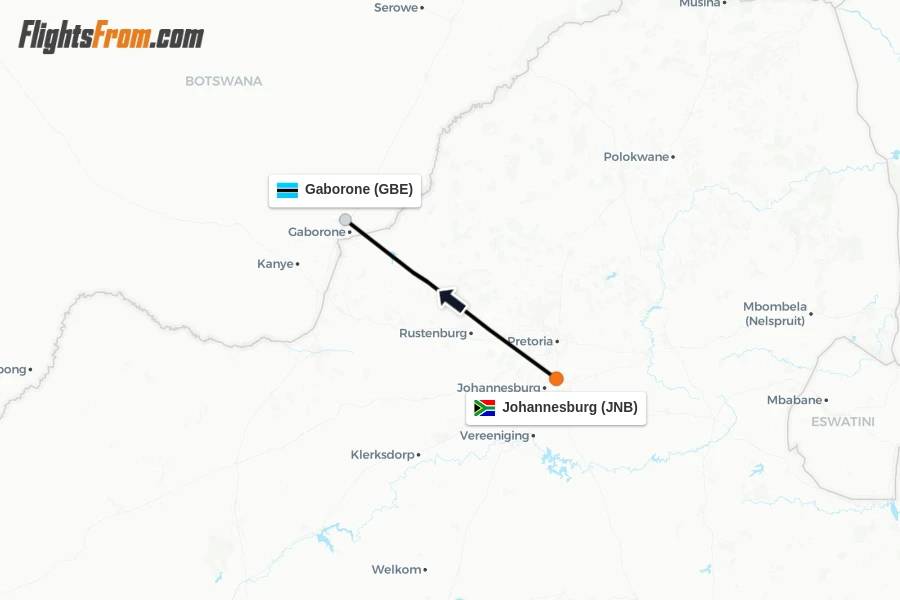 Flights from Johannesburg to Gaborone route map