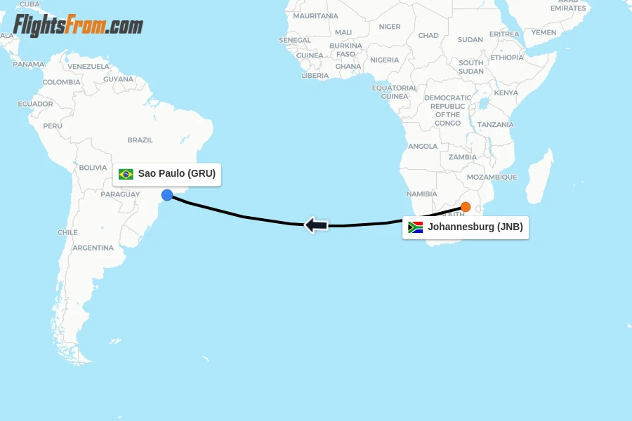 Flights from Johannesburg to Sao Paulo route map