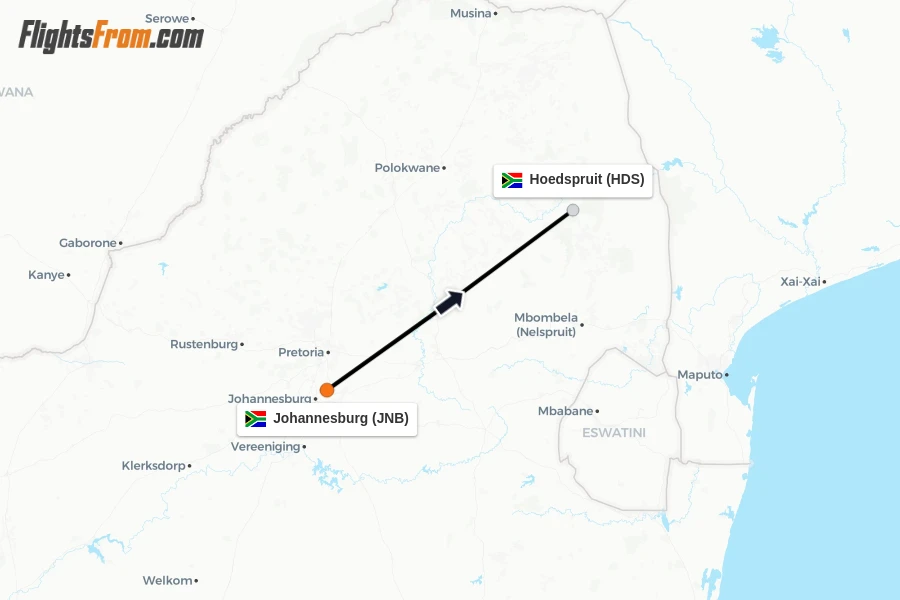 Flights from Johannesburg to Hoedspruit route map