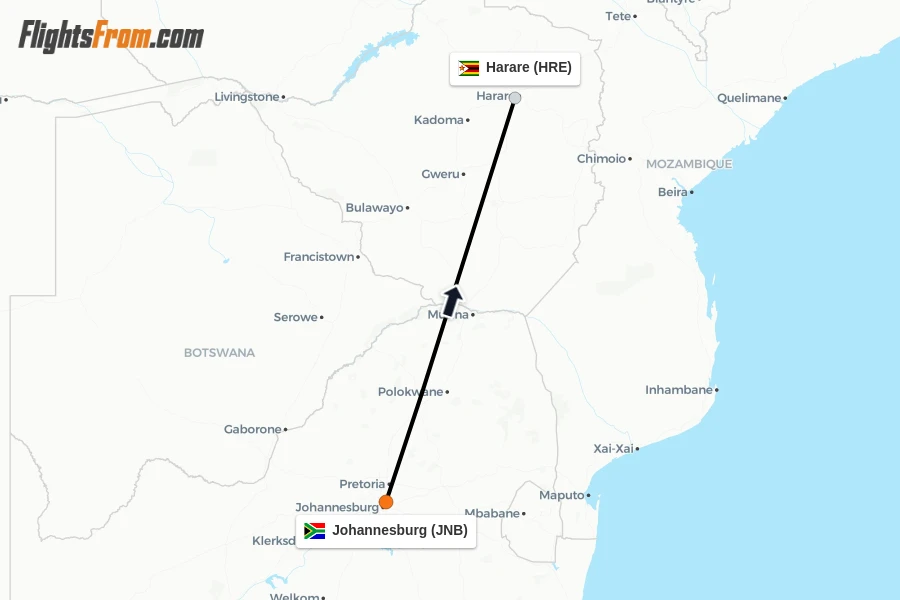 Flights from Johannesburg to Harare route map