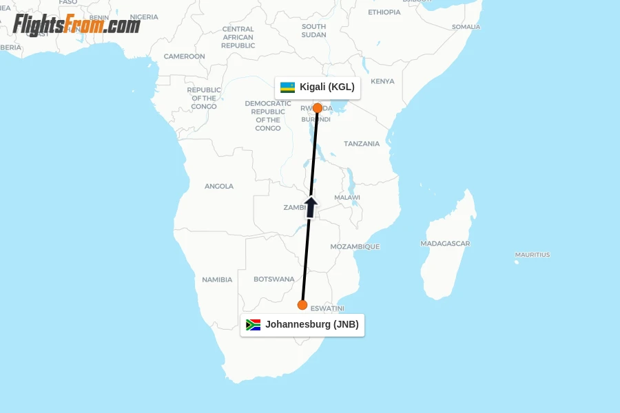 Flights from Johannesburg to Kigali route map