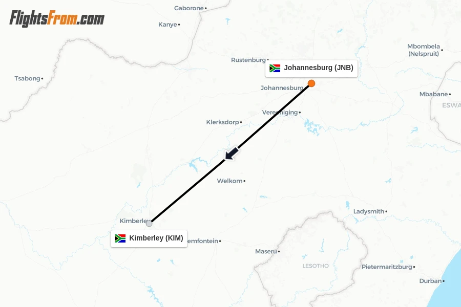 Flights from Johannesburg to Kimberley route map