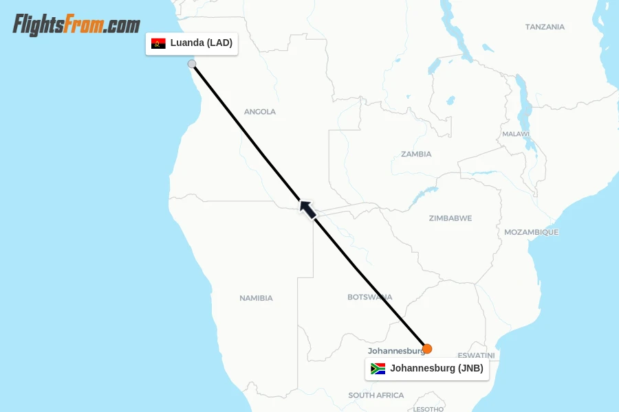 Flights from Johannesburg to Luanda route map