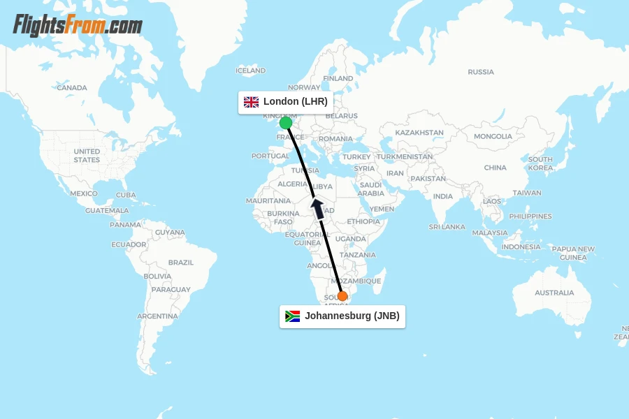 Flights from Johannesburg to London route map
