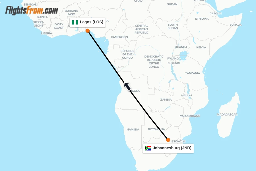 Flights from Johannesburg to Lagos route map