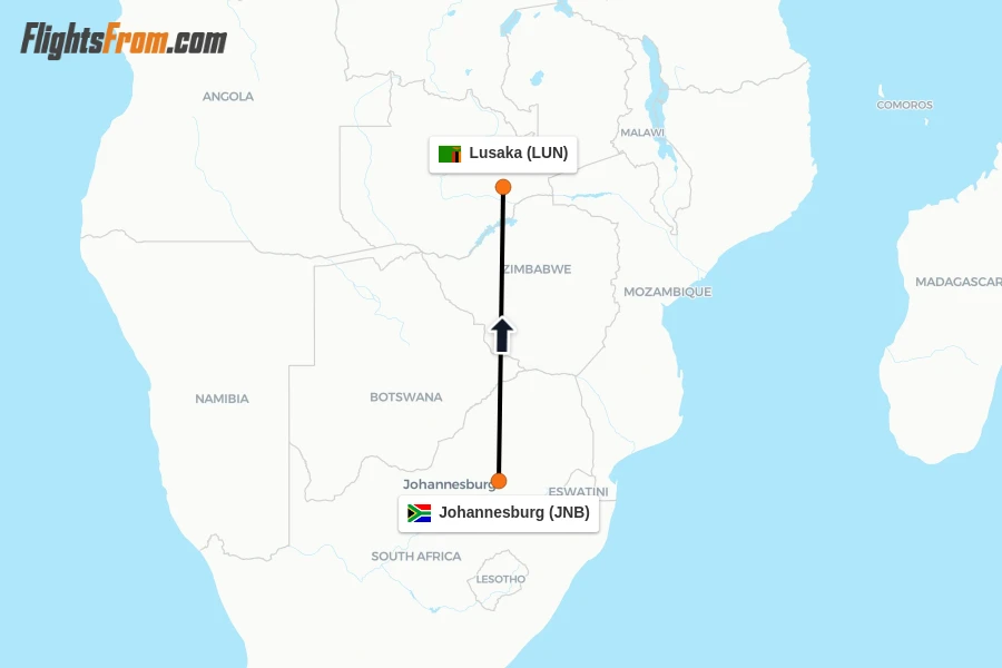 Flights from Johannesburg to Lusaka route map