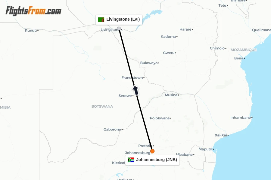Flights from Johannesburg to Livingstone route map