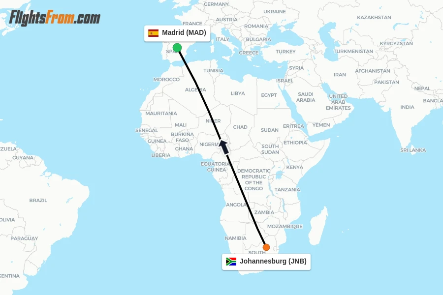 Flights from Johannesburg to Madrid route map