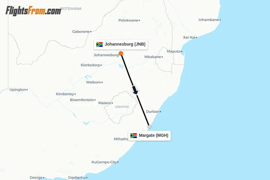 Flights from Johannesburg to Margate route map