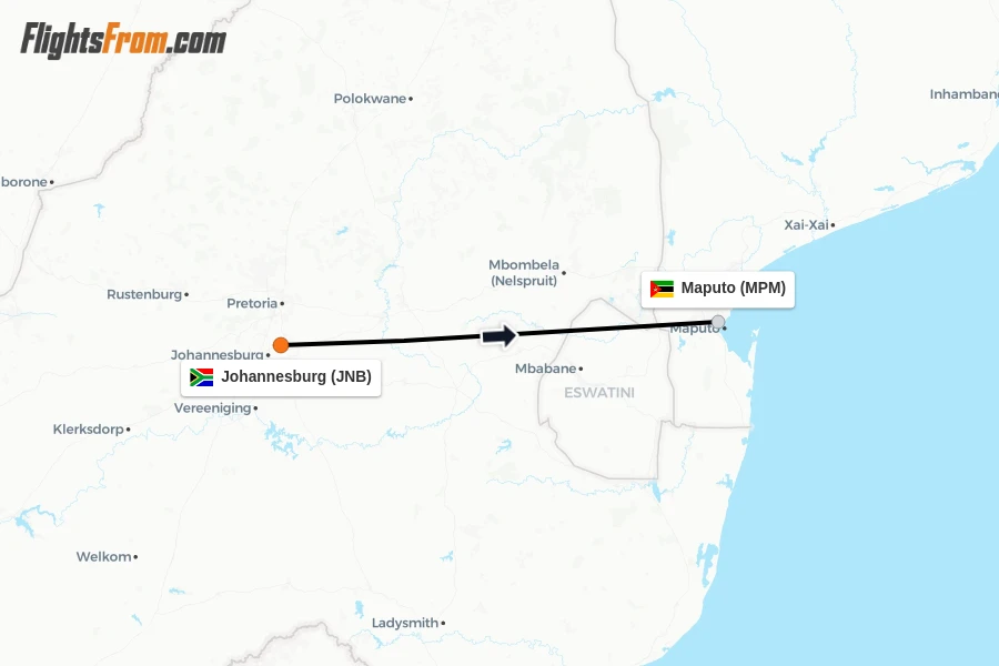 Flights from Johannesburg to Maputo route map