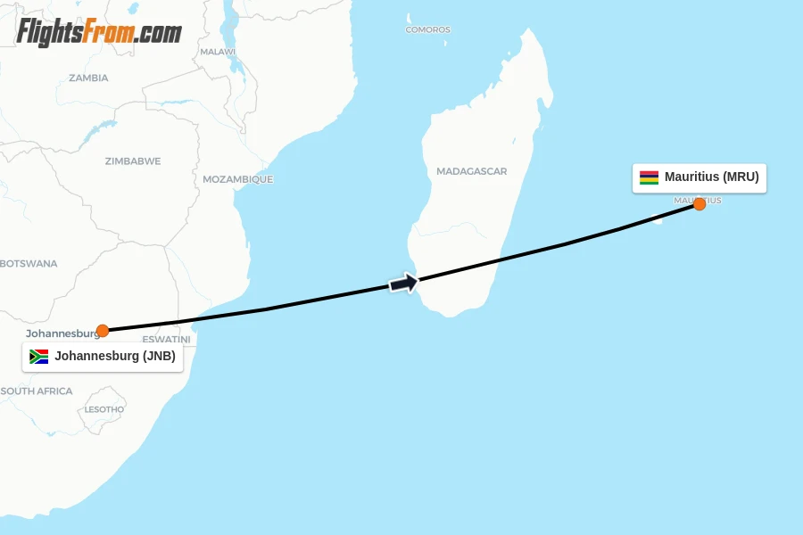 Flights from Johannesburg to Mauritius route map
